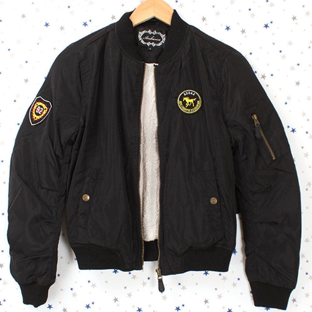 Fur Lined Short Bomber Jacket Patches Black